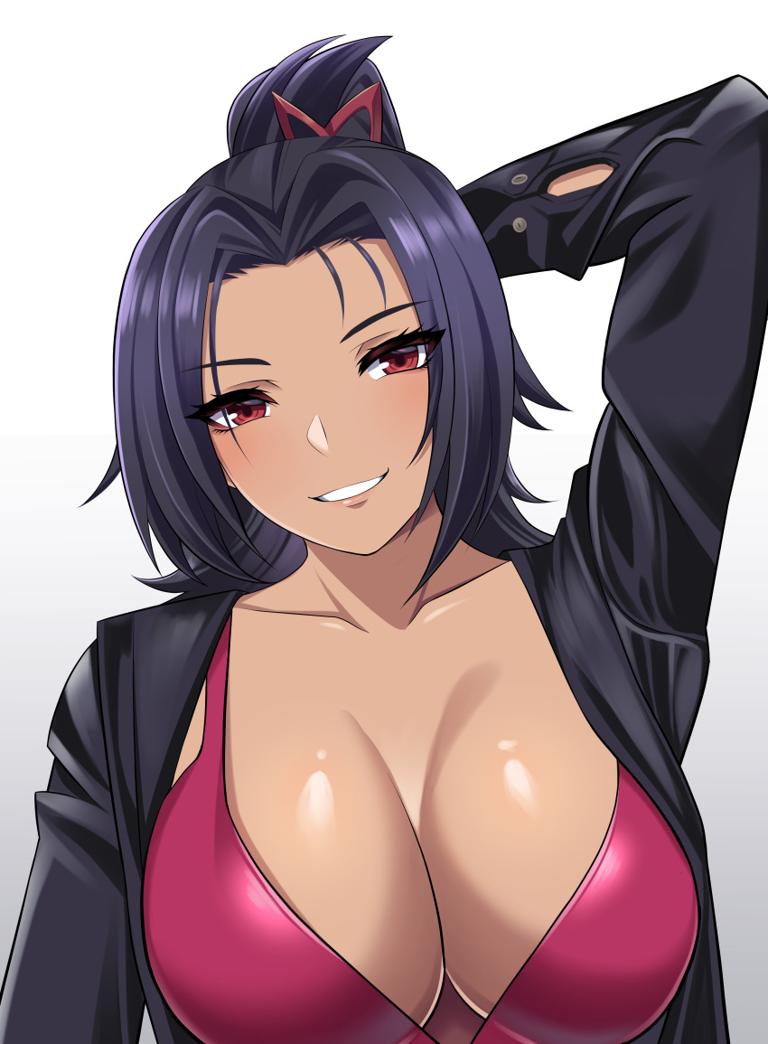 1girl, absurdres, arm_behind_head, ashera_(xenoblade), black_hair, black_jacket, breasts, cleavage