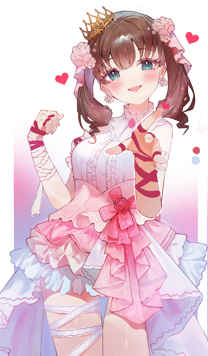 1girl, absurdres, arm_ribbon, b2w, blush, breasts, brown_hair, center_frills