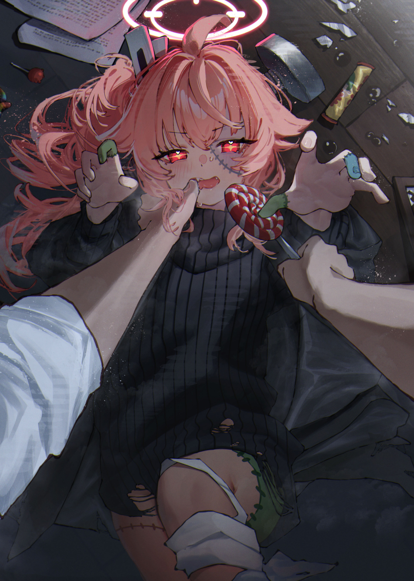 1boy, 1girl, absurdres, ahoge, bandaged_leg, bandages, betanonbeet, black_jacket