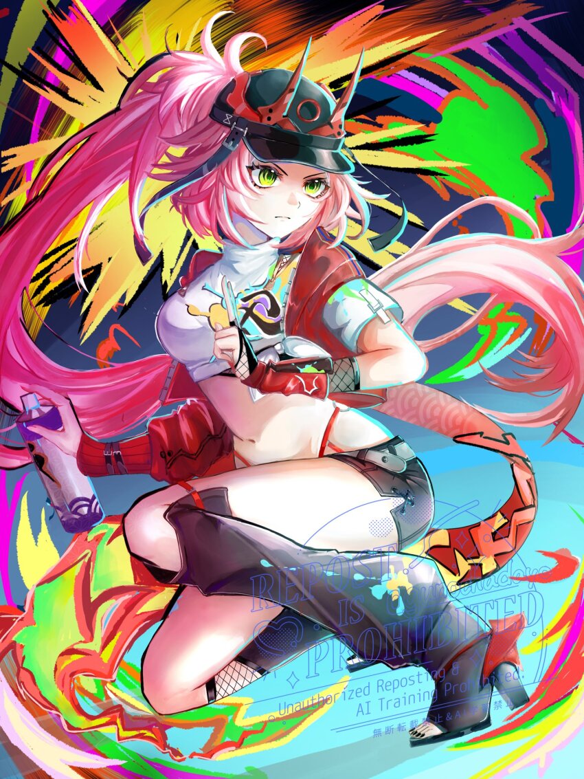 1girl, black_footwear, black_gloves, black_shorts, breasts, bridal_gauntlets, closed_mouth, cowboy_shot, crop_top, fishnet_bridal_gauntlets, full_body, gloves, gunocha, hand_on_own_hat, high_ponytail, highres, honkai:_star_rail, honkai_(series), horned_hat, jacket, long_hair, midriff, navel, open_clothes, open_jacket, pink_hair, ponytail, rappa_(honkai:_star_rail), red_jacket, shirt, short_shorts, shorts, single_glove, solo, spray_can, tied_shirt, toeless_footwear, white_background, white_shirt