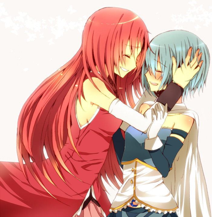 10s, 2girls, blue_hair, blush, closed_eyes, hand_on_another's_head, isuzu_rio, long_hair, mahou_shoujo_madoka_magica, mahou_shoujo_madoka_magica_(anime), meeji_(isuzu_rio), miki_sayaka, miki_sayaka_(magical_girl), multiple_girls, red_hair, sakura_kyoko, sakura_kyoko_(magical_girl), short_hair, simple_background