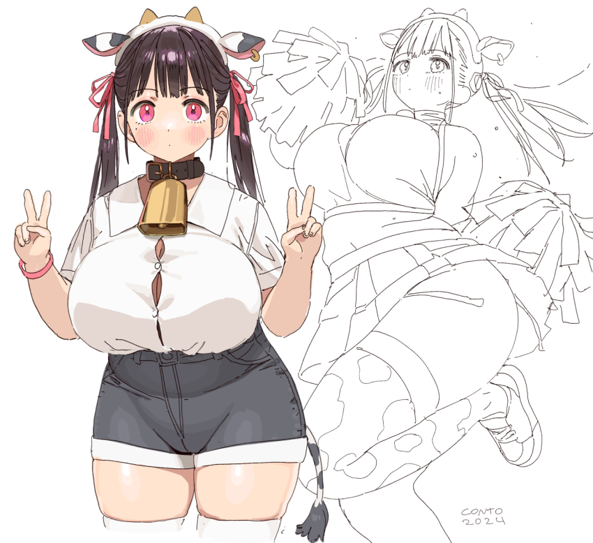 1girl, animal_ears, animal_print, bell, borrowed_character, breasts, brown_hair, cheerleader