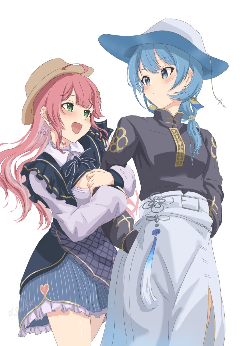 2girls, absurdres, arm_between_breasts, arm_hug, asuka_panda777, between_breasts, blue_eyes, blue_hair