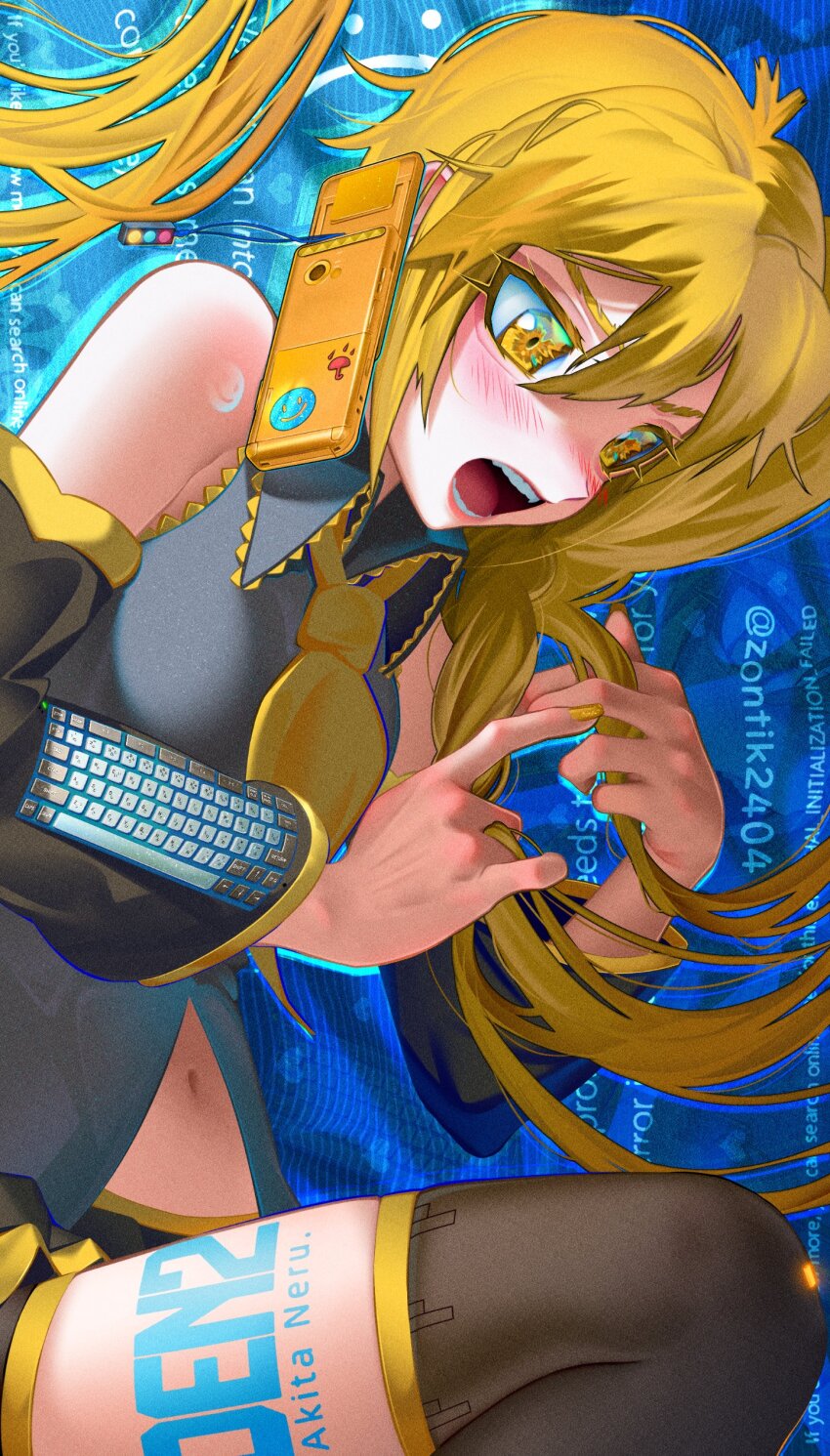 1girl, absurdres, akita_neru, blonde_hair, blue_screen_of_death, blush, cellphone, character_name