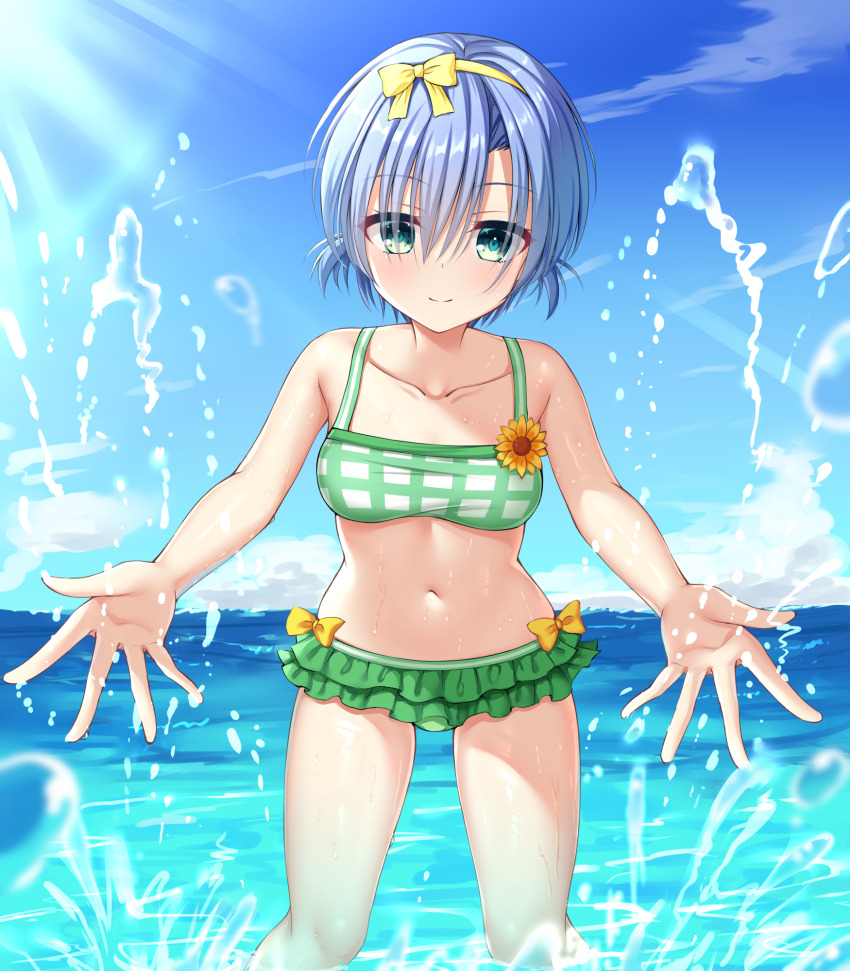 1girl, bikini, bikini_skirt, blue_hair, blue_sky, blush, breasts, closed_mouth