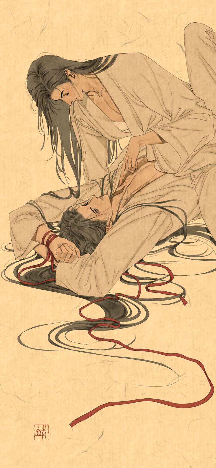 2boys, absurdres, bdsm, black_hair, bound, bound_wrists, chinese_clothes, copyright_request, hanfu, highres, koyasuyasuko12, long_hair, multiple_boys, white_hanfu, yaoi, yellow_background, zhongguo_hua