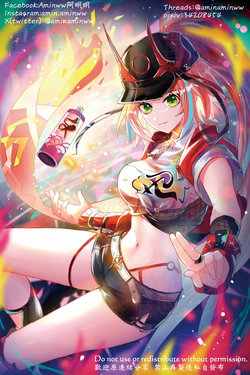 1girl, aminww_amingming, baseball_cap, belt, black_hat, black_shorts, blue_hair, breasts