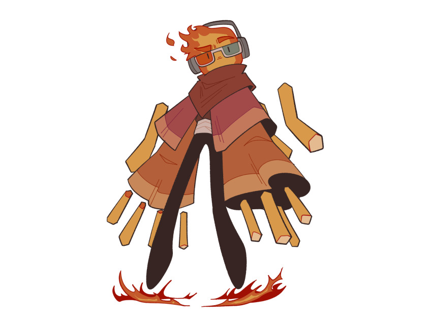 1boy, 3d_glasses, blaze_(minecraft), blaze_rod, capelet, commentary, english_commentary, fiery_hair