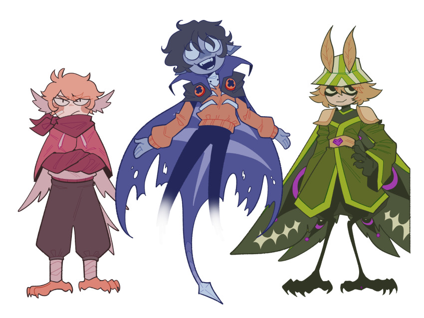 3boys, adapted_costume, animal_feet, antennae, bandage_on_face, bandages, bird_boy, bird_legs