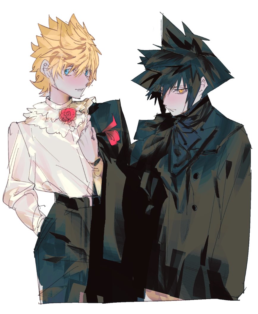 2boys, black_hair, blonde_hair, blue_eyes, blush, cowboy_shot, flower, heisui_(twitter_2566599439)