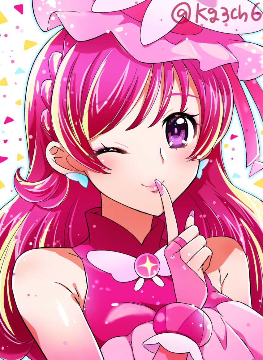 1girl, blush, braid, brooch, butterfly_earrings, closed_mouth, cosplay, cropped_shirt