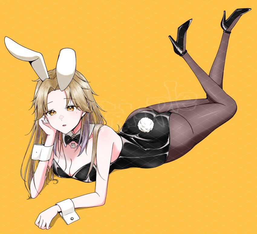 1girl, animal_ears, ass, bare_shoulders, black_bow, black_bowtie, black_leotard, black_pantyhose