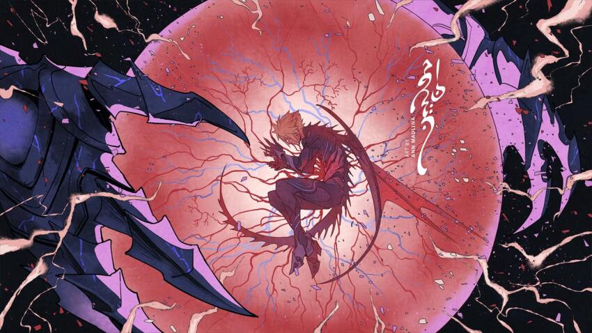 1boy, ann_maulina, armor, artist_name, black_armor, blonde_hair, bodystocking, clawed_gauntlets