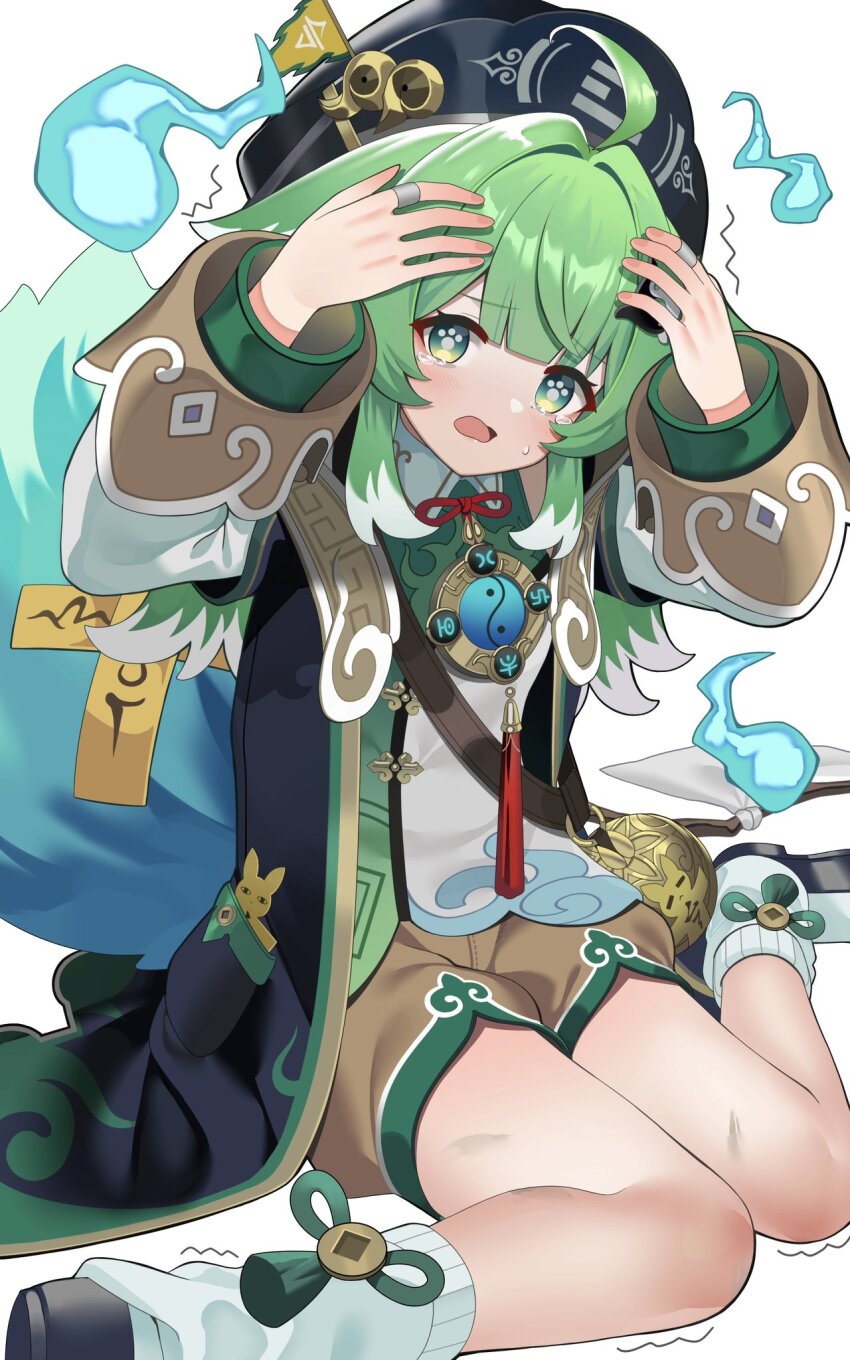 1girl, ahoge, animal_ears, brown_pants, fiery_tail, fire, flag, fox_ears