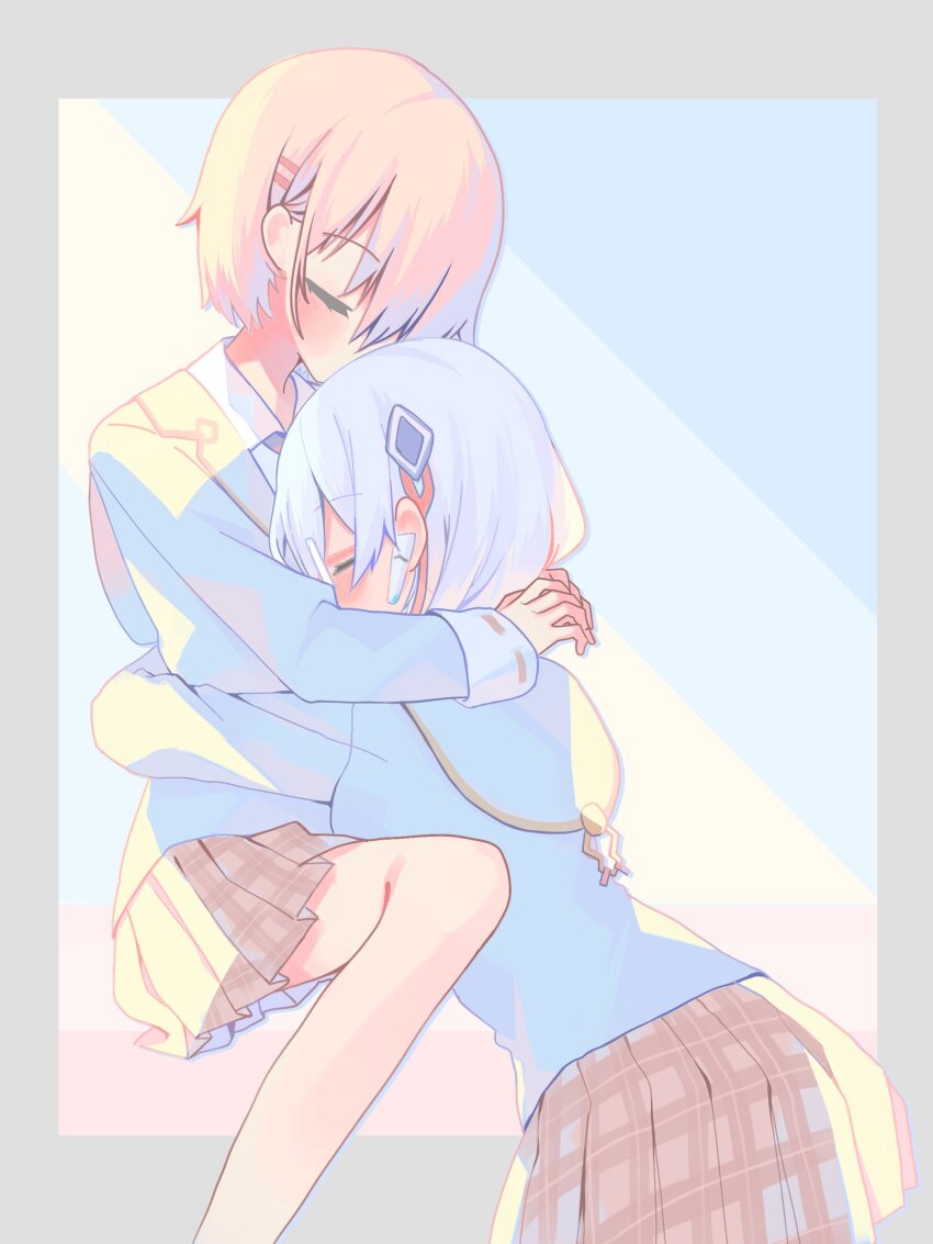 10_(sei), 2girls, absurdres, blonde_hair, blue_jacket, glasses, grey_hair, hair_ornament