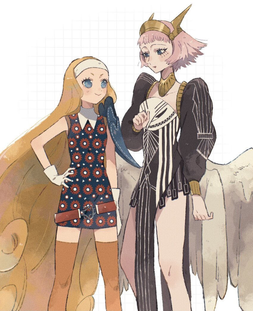 2girls, absurdly_long_hair, arm_up, belt, blonde_hair, blue_eyes, collared_dress, commentary