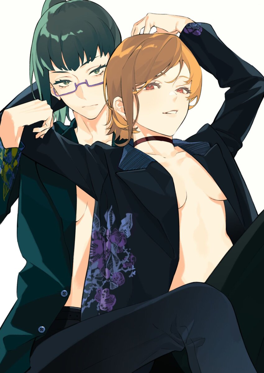 2girls, choker, colored_eyelashes, commentary, floral_print, formal_clothes, glasses, green_hair