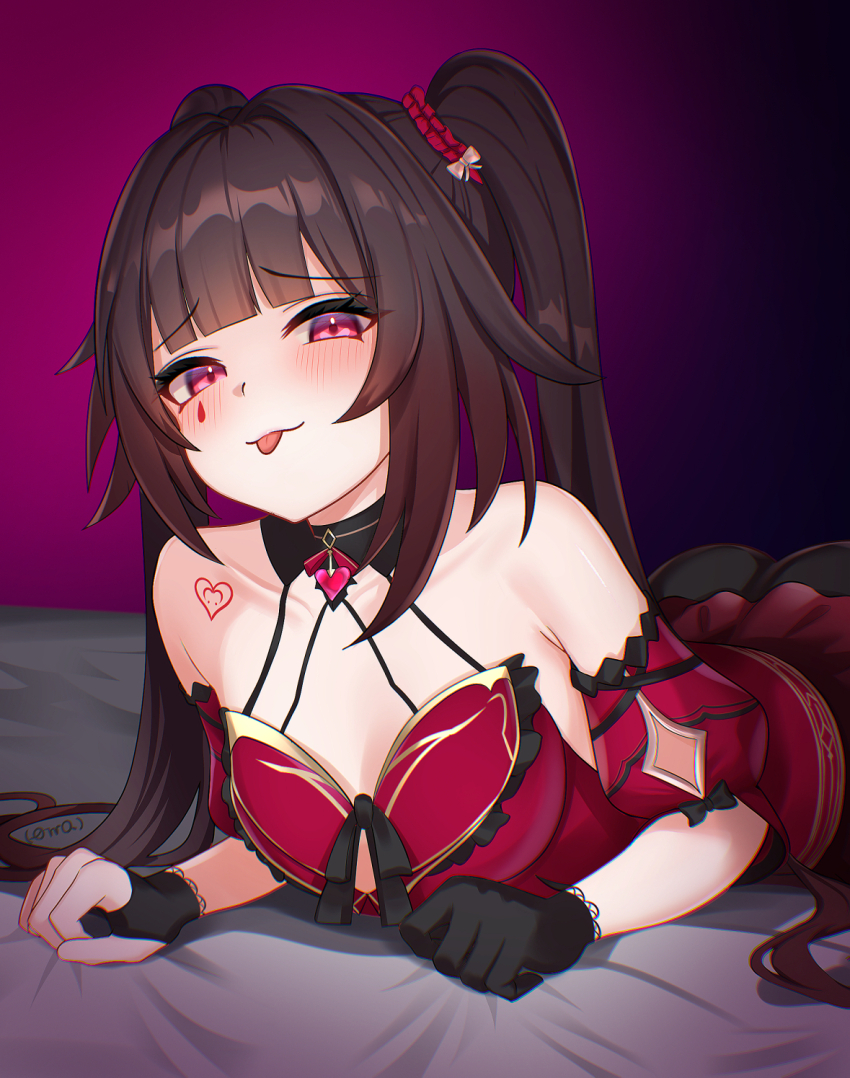 1girl, :p, armpit_crease, ass, asymmetrical_gloves, bare_shoulders, black_collar, black_gloves