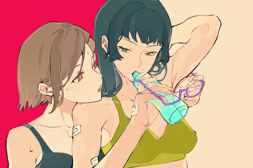 2girls, absurdres, bandaid, bandaid_on_arm, bandaid_on_hand, bottle, bra, brown_hair