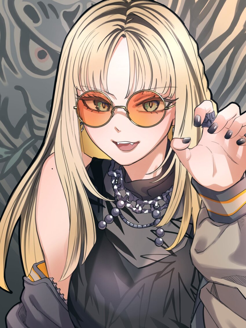 1girl, black_hair, black_nails, black_shirt, blonde_hair, breasts, bright_pupils, chain