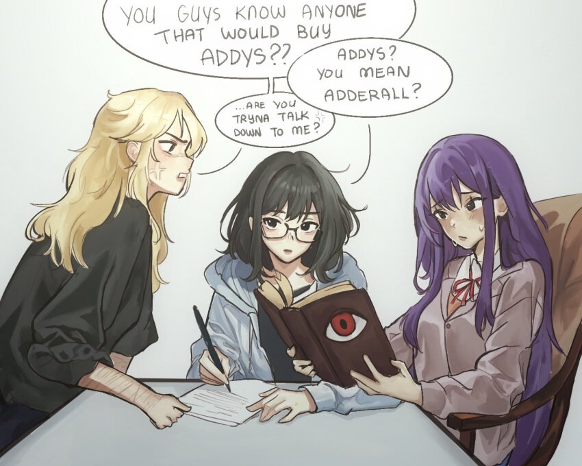 anger_vein, black_hair, black_shirt, blonde_hair, book, brown_jacket, class_of_09, crossover, doki_doki_literature_club, doki_doki_literature_club_school_uniform, emily_(class_of_09), english_text, grey_jacket, holding, holding_book, holding_pen, hood, hooded_jacket, jacket, karen_(class_of_09), krissywaffles, open_book, open_clothes, open_jacket, orange_shirt, pen, purple_hair, red_ribbon, ribbon, scar, school_uniform, self-harm_scar, semi-rimless_eyewear, shirt, speech_bubble, yuri_(doki_doki_literature_club)