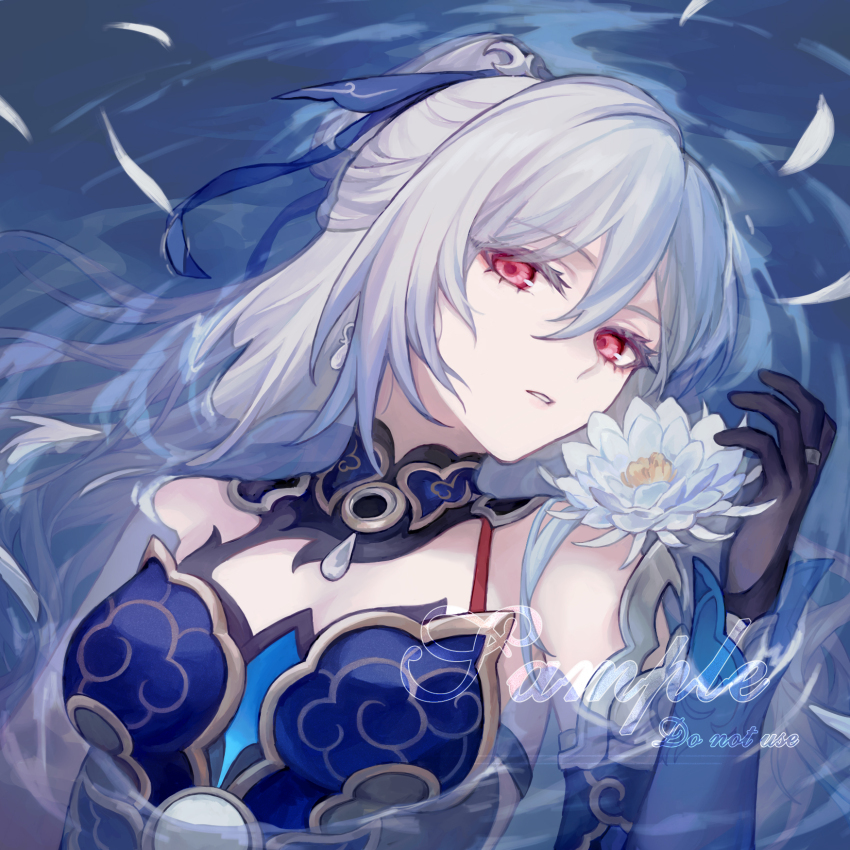 1girl, bare_shoulders, black_gloves, blue_hair, chinese_clothes, gloves, hair_between_eyes, high_ponytail