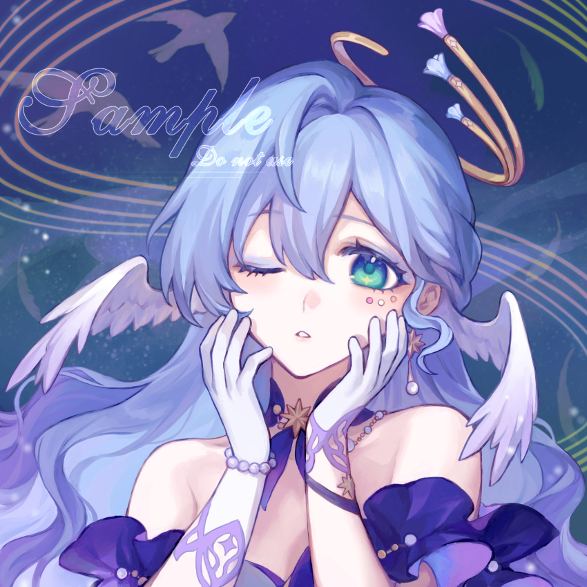 1girl, bare_shoulders, bead_bracelet, beads, blue_hair, bracelet, closed_mouth, collar