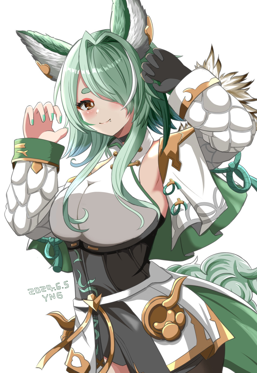 1girl, absurdres, ami_(granblue_fantasy), animal_ears, asymmetrical_clothes, blush, breasts, brown_eyes