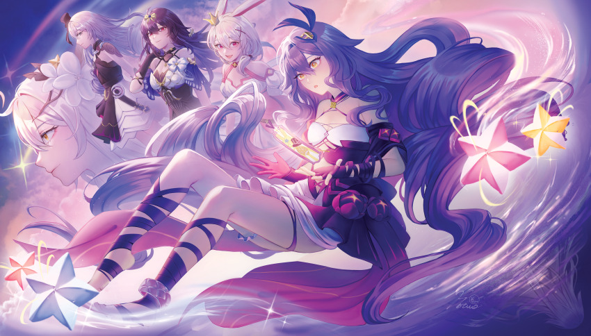 5girls, absurdres, animal_ears, bare_shoulders, black_hair, bow, bronya_zaychik, bronya_zaychik_(herrscher_of_reason)