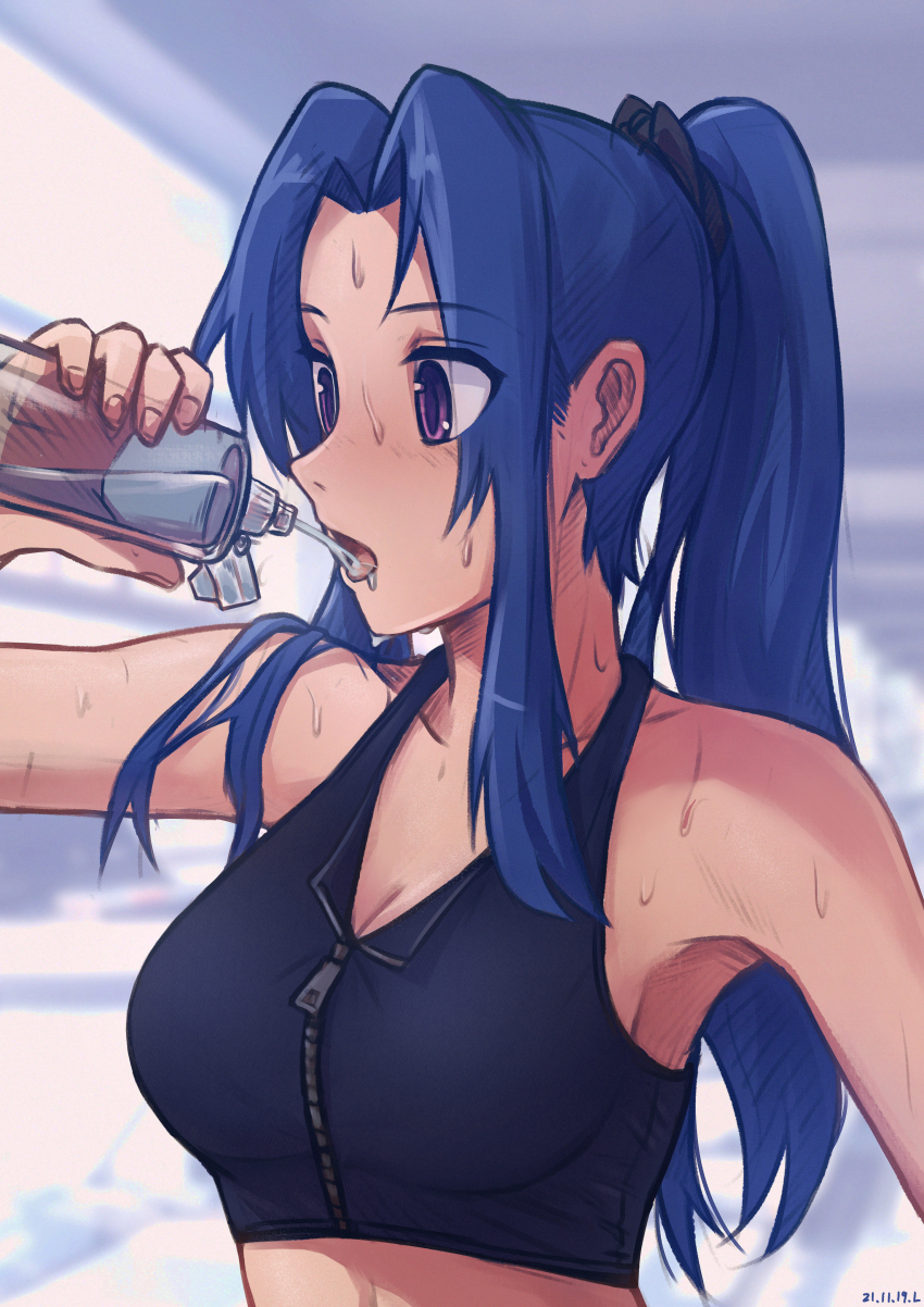 1girl, absurdres, blue_hair, blurry, blurry_background, bottle, breasts, cleavage