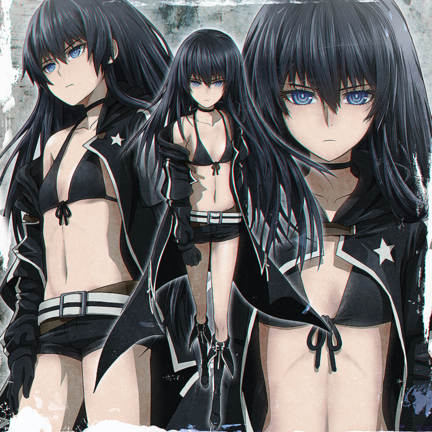 1girl, belt, bikini, black_choker, black_coat, black_hair, black_rock_shooter, black_rock_shooter_(character)