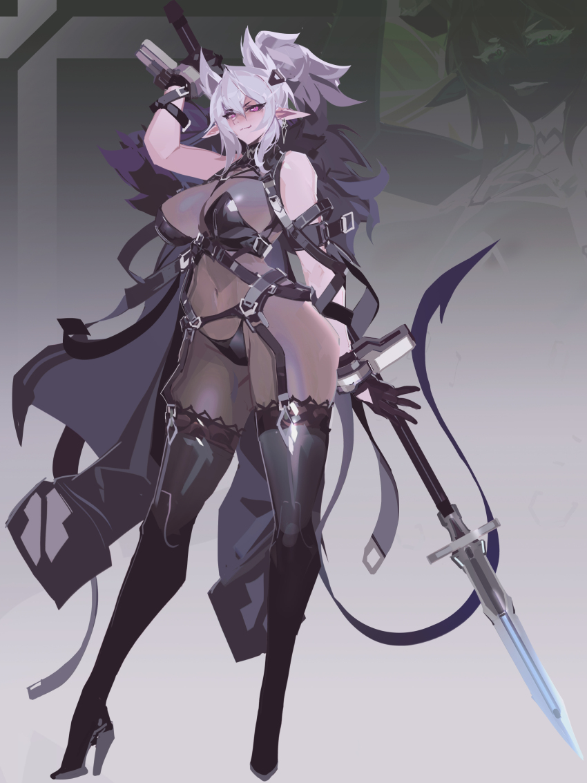 1girl, absurdres, bare_shoulders, black_boots, black_garter_straps, black_gloves, boots, elf