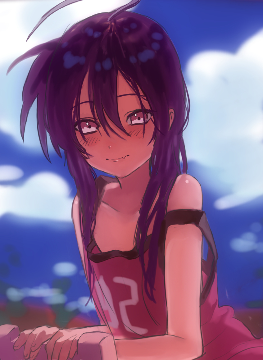 1boy, ahoge, androgynous, bare_shoulders, blush, collarbone, commentary_request, fang
