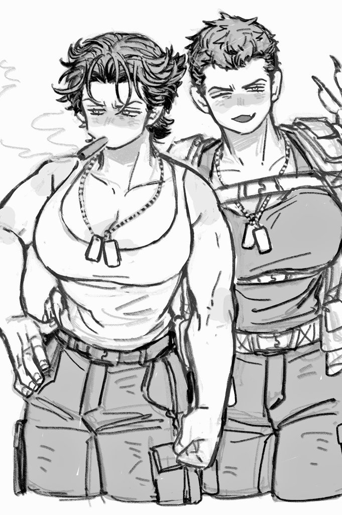 2girls, belt, breasts, cigar, claws, cleavage, collarbone, commentary_request