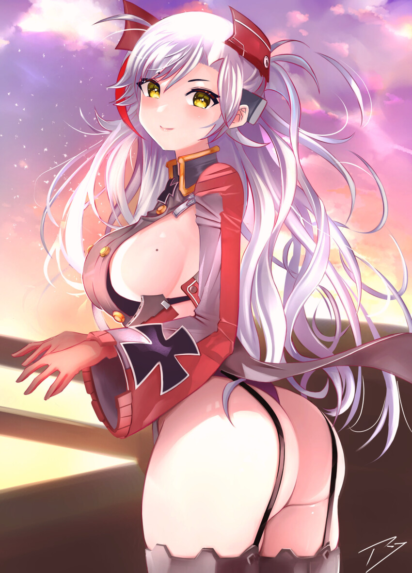 1girl, ass, azur_lane, black_garter_straps, black_panties, breasts, cowboy_shot, evening