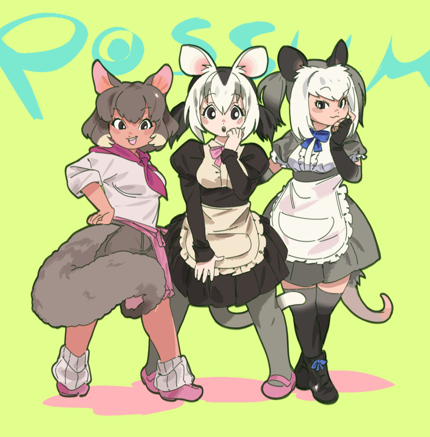 3girls, animal_ears, apron, cameroc3ras, common_brushtail_possum_(kemono_friends), dress, fingerless_gloves, gloves