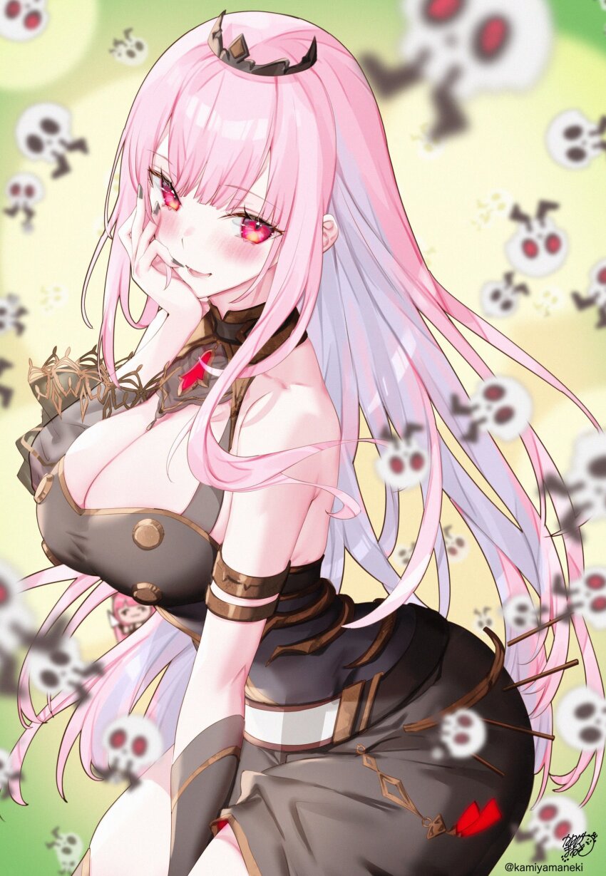 1girl, absurdres, between_legs, black_dress, black_nails, black_tiara, blush, breasts, cleavage, deadbeat_(mori_calliope), detached_sleeves, dress, fingernails, green_background, hand_between_legs, highres, hololive, hololive_english, kamiya_maneki, large_breasts, long_hair, looking_at_viewer, mori_calliope, mori_calliope_(1st_costume), mori_calliope_(streetwear), nail_polish, open_mouth, pink_eyes, pink_hair, red_eyes, single_detached_sleeve, smile, solo, takanashi_kiara, tiara, veil, virtual_youtuber, weird_cat_(mori_calliope)