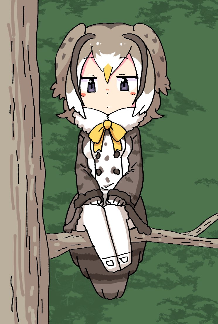 1girl, bird_girl, brown_hair, forest, forest_owlet_(kemono_friends), head_wings, in_tree, kemono_friends, multicolored_hair, nature, owl_girl, pozesuke, ribbon, sitting, sitting_in_tree, tree, wings