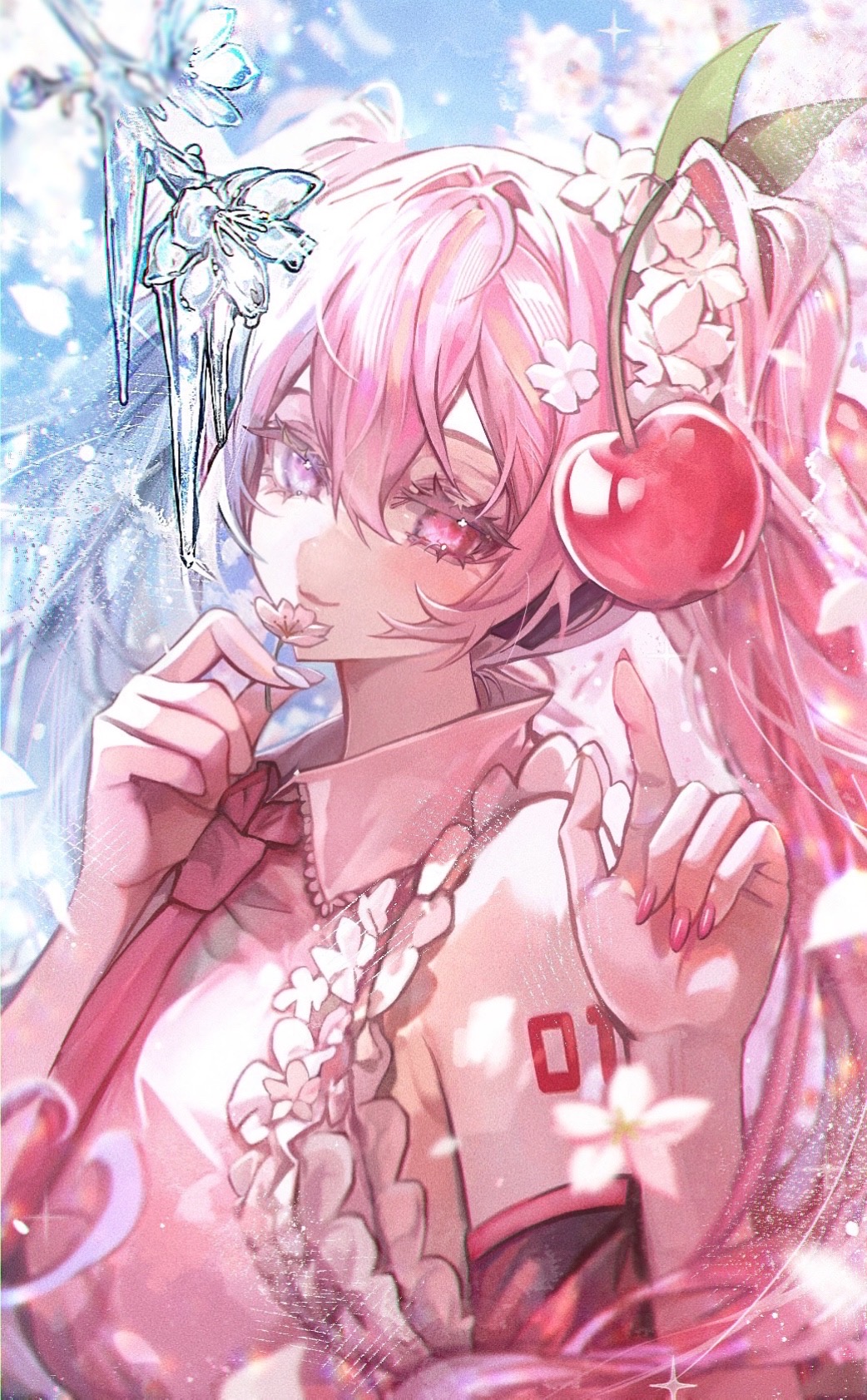 1girl, blue_eyes, blue_hair, blue_nails, blurry, cherry, cherry_blossoms, cherry_hair_ornament