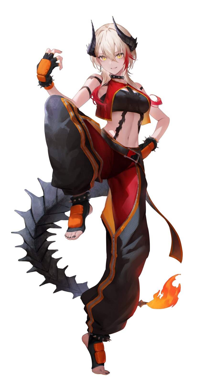 1girl, absurdres, arahenas, black_collar, black_gloves, black_horns, black_nails, black_pants