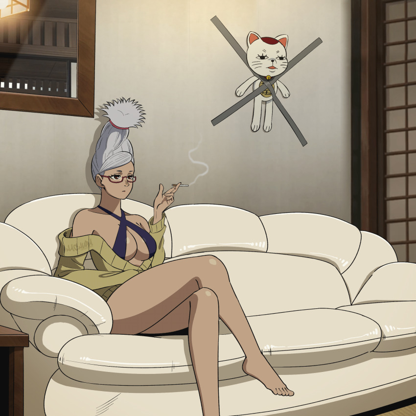 1girl, absurdres, ayase_seiko, barefoot, beehive_hairdo, breasts, cat, cigarette, couch, criss-cross_halter, crossed_legs, dandadan, glass, grey_hair, hachuart, halterneck, highres, holding, holding_cigarette, indoors, kid_taped_to_wall_(meme), large_breasts, long_hair, mature_female, mature_male, meme, off-shoulder_sweater, off_shoulder, red-framed_eyewear, sitting, smoke, smoking, sweater, turbo_granny_(dandadan), yellow_sweater
