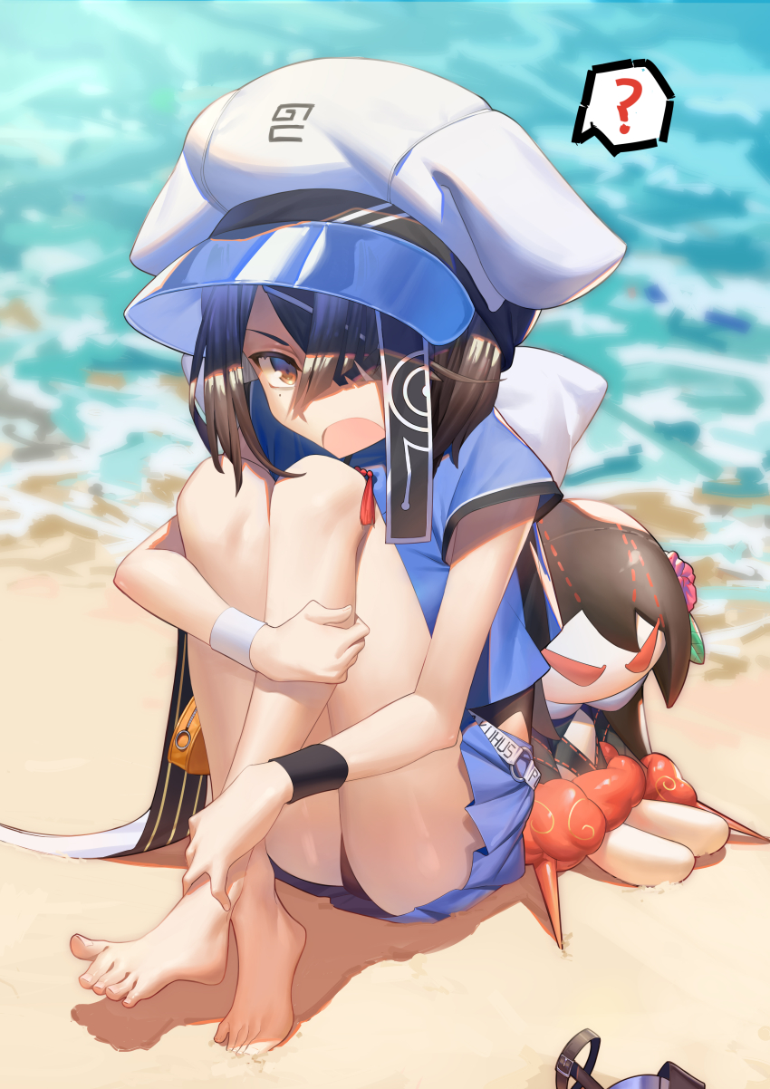 1girl, ?, absurdres, bare_legs, barefoot, beach, black_hair, brown_eyes