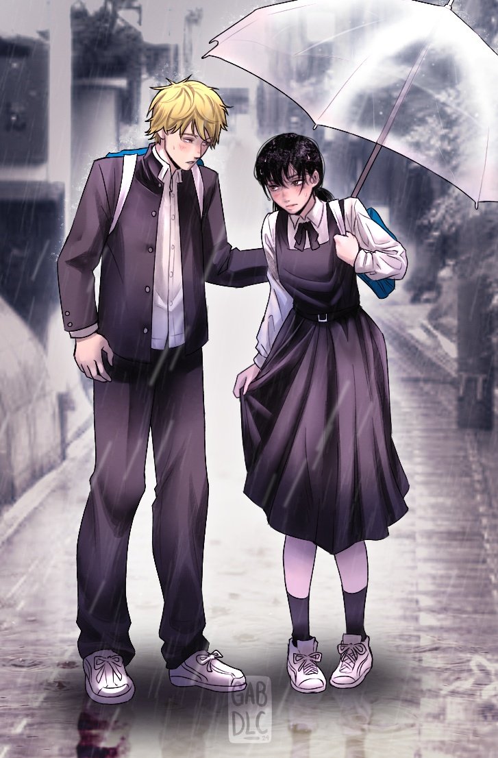 1boy, 1girl, black_hair, black_pants, blonde_hair, chainsaw_man, collared_shirt, couple