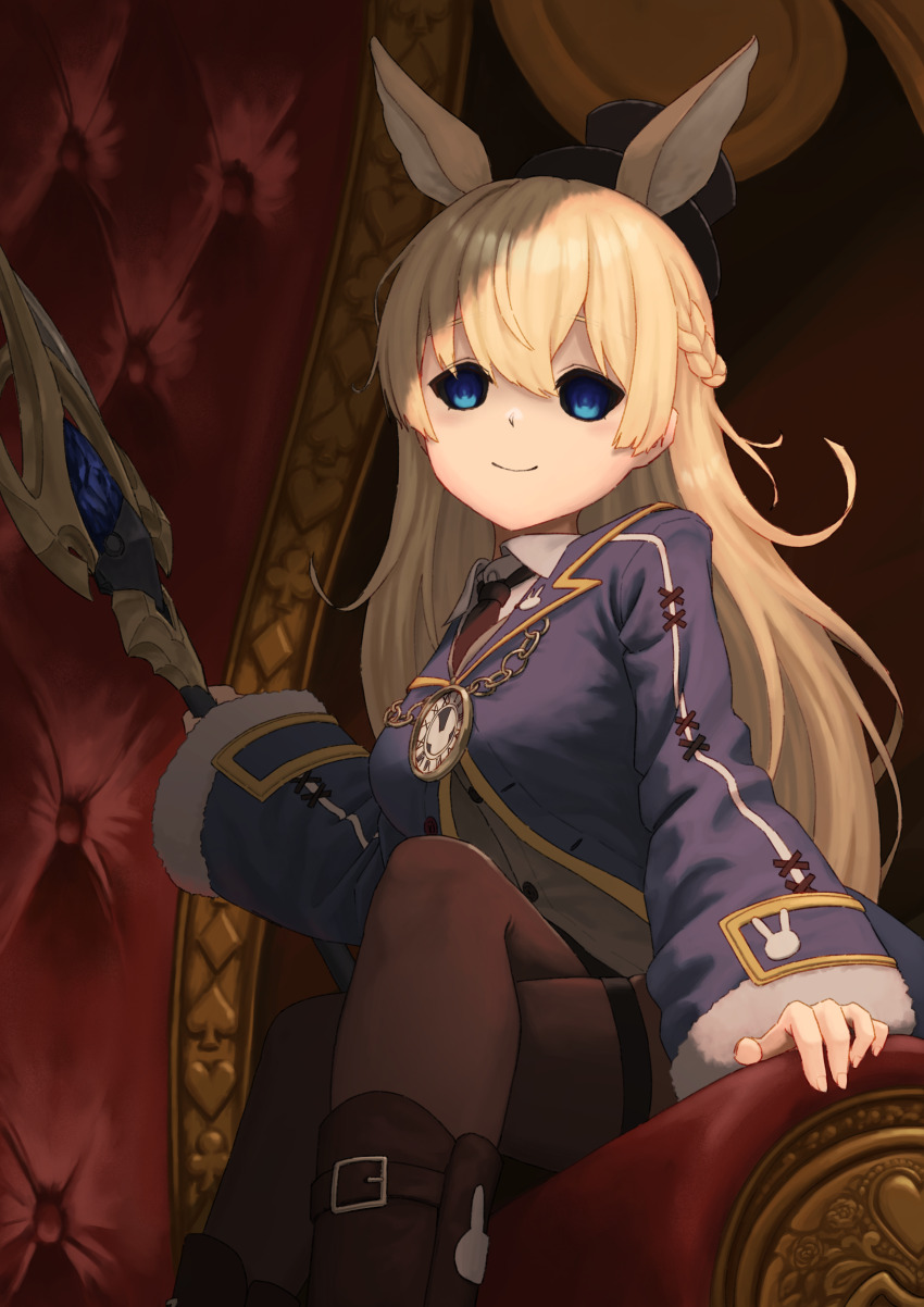 1girl, absurdres, animal_ears, black_hat, black_necktie, black_sclera, blue_coat, blue_eyes