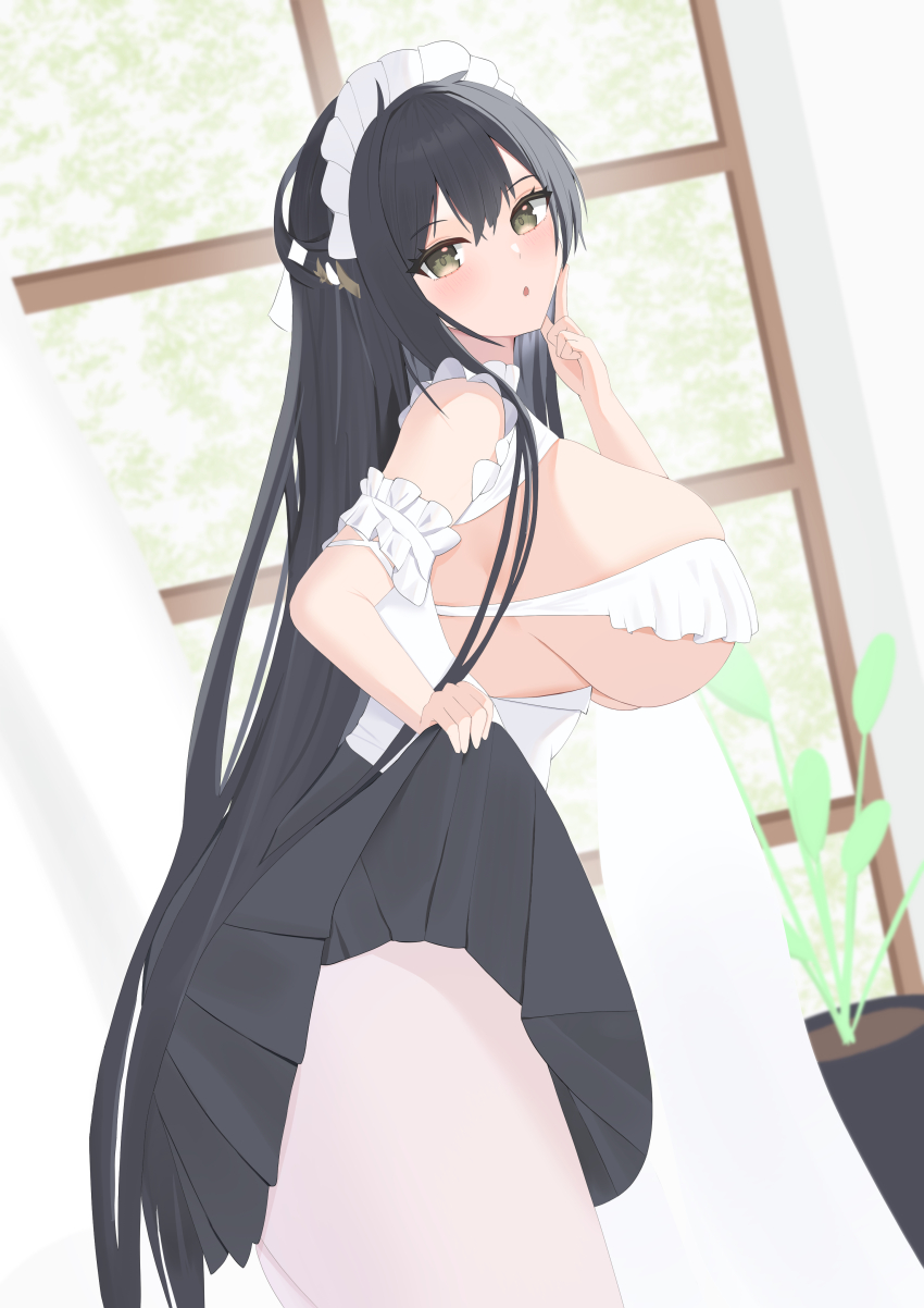 1girl, absurdres, azur_lane, black_hair, black_skirt, breasts, cowboy_shot, dutch_angle