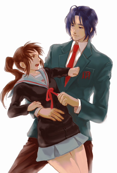 1boy, 1girl, asakura_ryo, asakura_ryoko, bad_id, bad_pixiv_id, blue_hair, brown_eyes, brown_hair, genderswap, genderswap_(ftm), genderswap_(mtf), kyon, kyonko, olida_(jambon), ponytail, school_uniform, serafuku, suzumiya_haruhi_no_yuuutsu