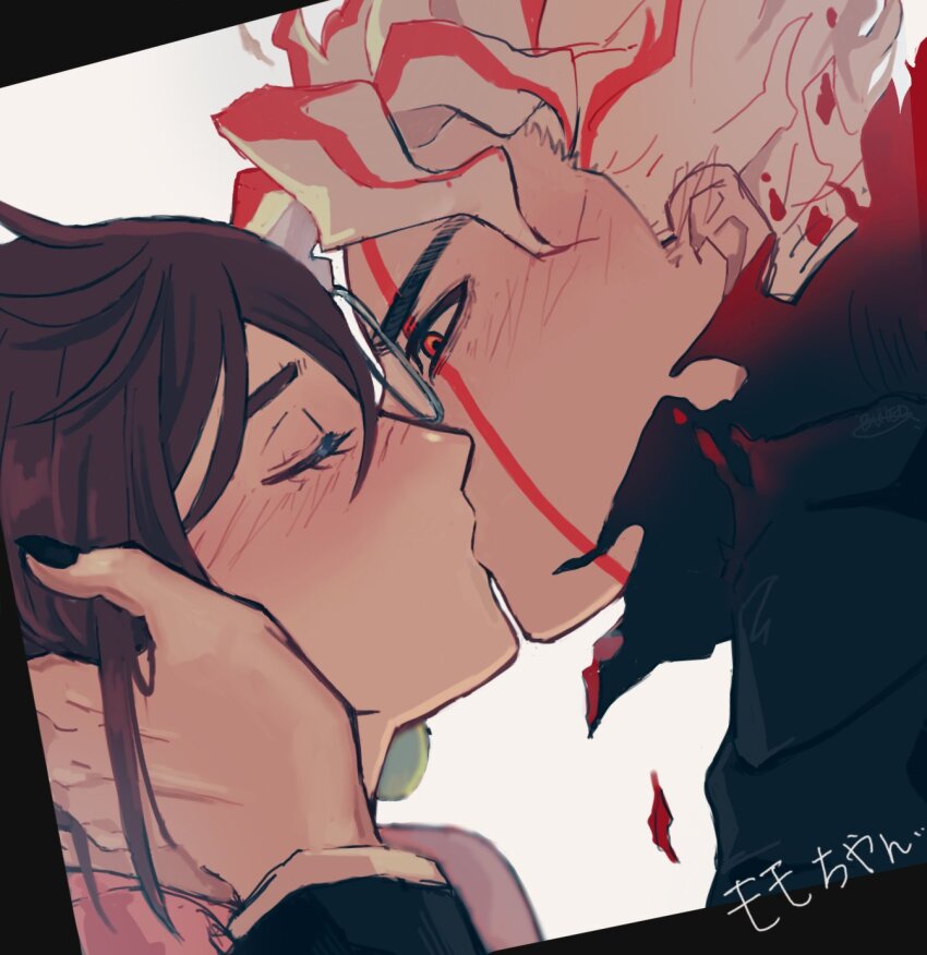 1boy, 1girl, alternate_form, ayase_momo, black_nails, blush, brown_hair, closed_eyes