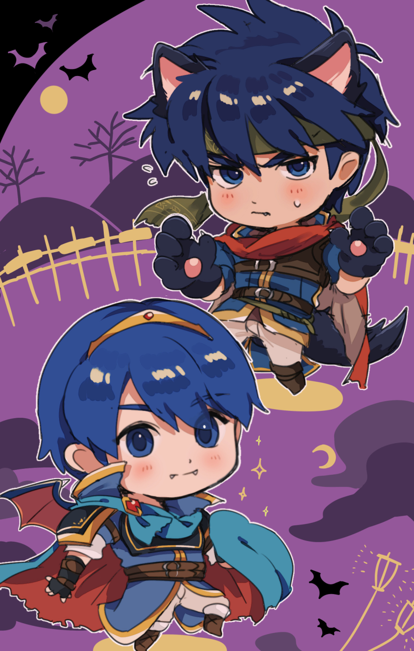 2boys, animal_ears, animal_hands, blue_cape, blue_eyes, blue_hair, cape, chibi