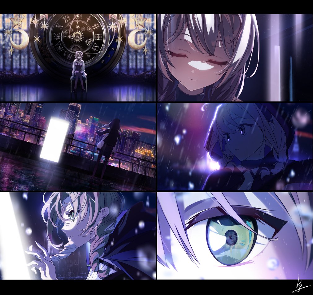 1girl, black_dress, black_hood, braid, chair, city, clock, closed_eyes