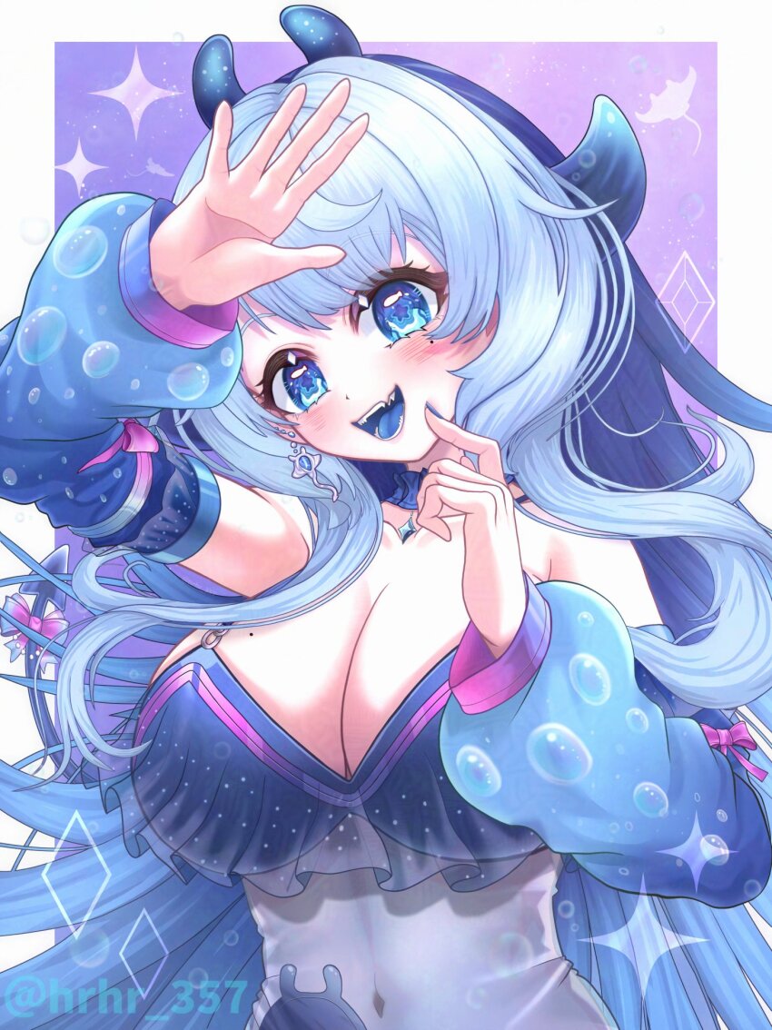 blue_eyes, blue_hair, blue_nails, blue_sleeves, blue_tongue, breasts, bubble, collarbone